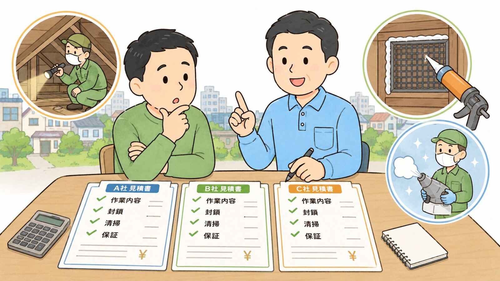 市川市の住宅でハクビシン駆除業者の見積書を3社比較する住民と専門家を描いたいらすとや風イラスト