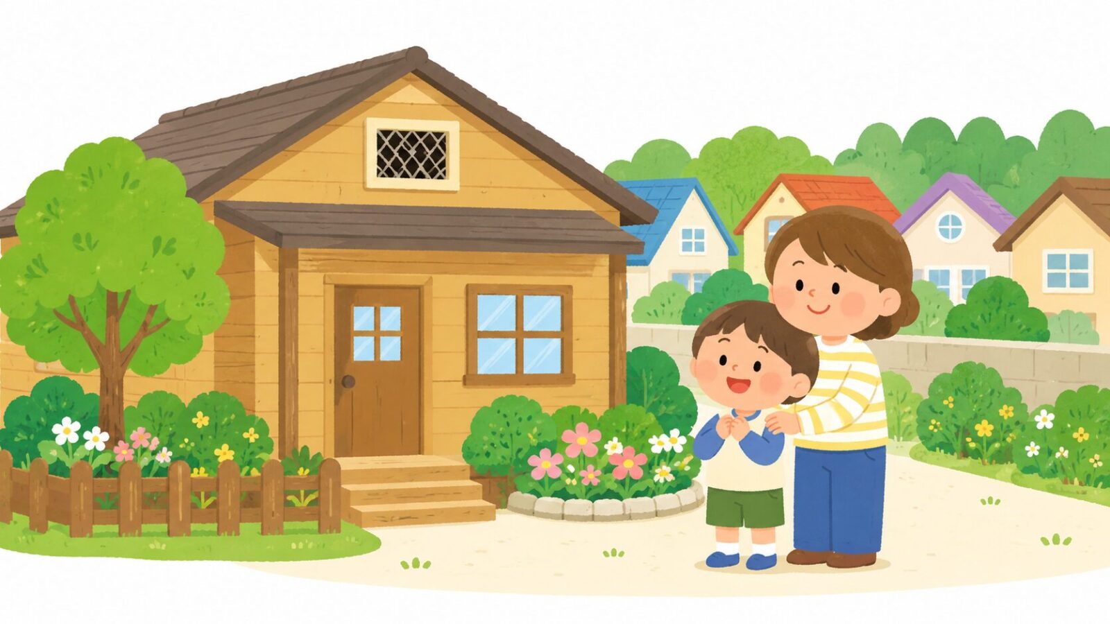 大和市でハクビシン対策が完了した住宅と安心する家族のイラスト