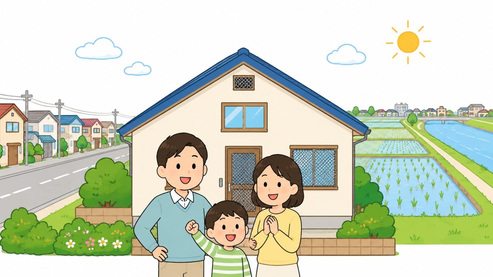 対策を終えた久喜市の住宅の前で安心する家族と川沿いの緑を描いたいらすとや風イラスト