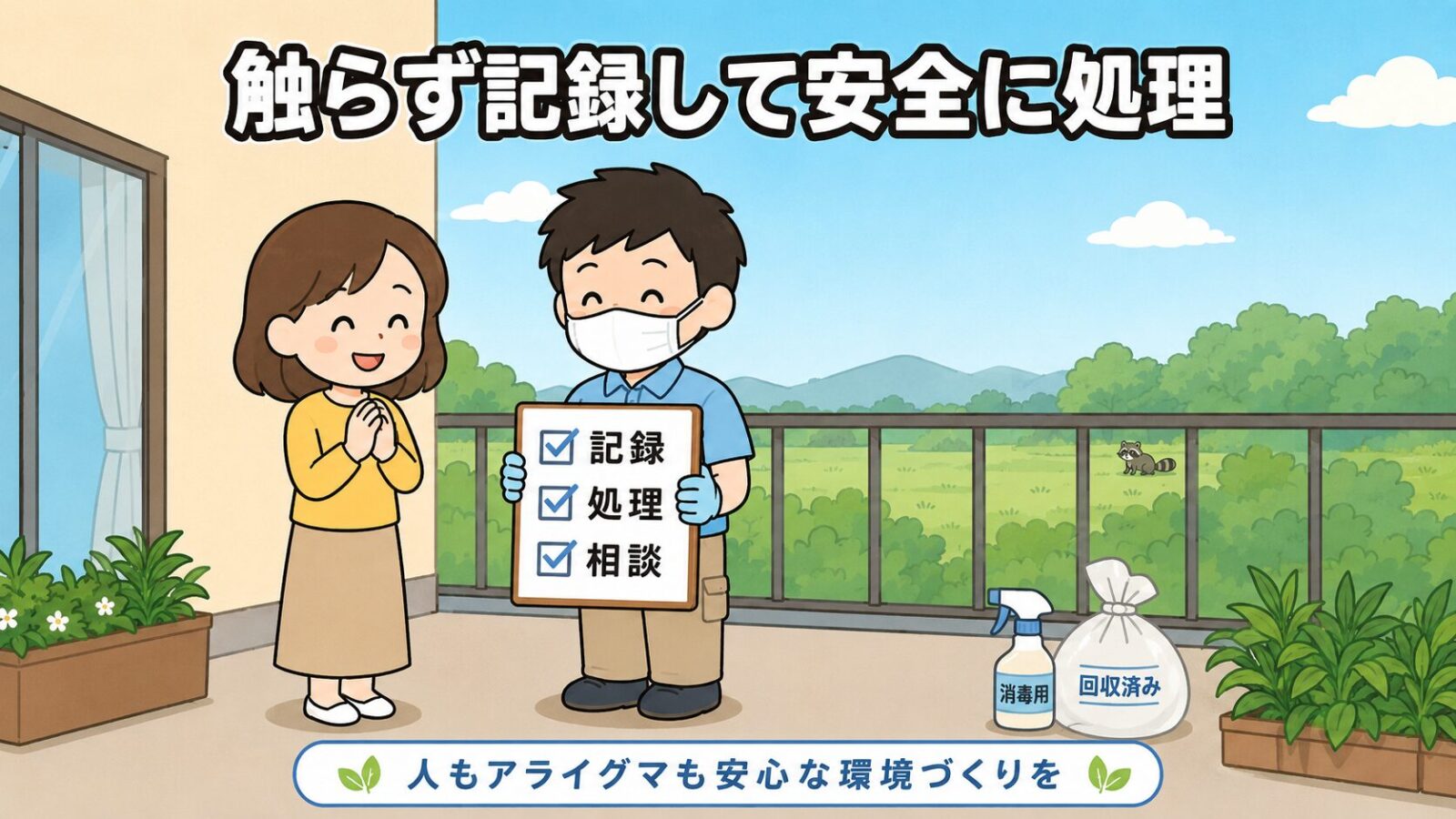 アライグマのフン対策のまとめを示すイラスト。ベランダで笑顔の女性の隣に立つマスク姿の守谷タクミが、記録・処理・相談の3項目にチェックが入ったボードを掲げ、足元に消毒用スプレーと回収済みの袋を置き、遠くの草地に小さくアライグマを描いて、人もアライグマも安心な環境づくりをと呼びかけるいらすとや風イラスト。