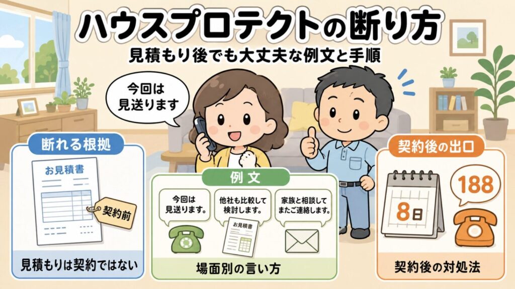 ハウスプロテクトの断り方のメインアイキャッチ。断れる根拠・場面別の例文・契約後の出口の3ブロックを、電話で落ち着いて断る家主と守谷タクミが示すいらすとや風イラスト。