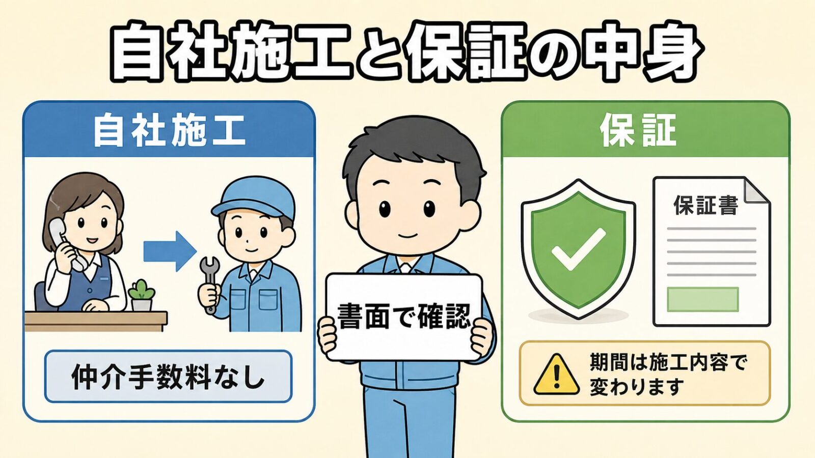 駆除ザウルスの完全自社施工と最長10年保証の図解。仲介手数料がかからない自社施工の仕組みと、最長10年だが施工内容で期間が変わる保証の注意点を、作業スタッフと保証書を持つ守谷タクミで表したいらすとや風イラスト。