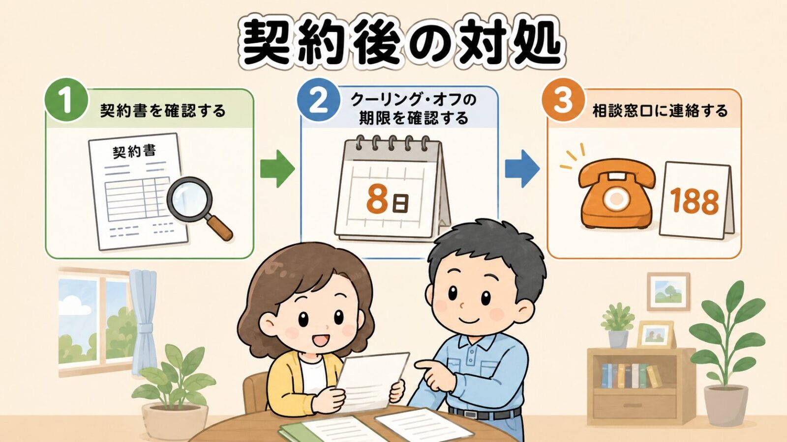 契約後にやめたい場合の対処の図解。契約書の確認、クーリングオフの8日間の期限をカレンダーで示す様子、消費者ホットライン188への相談の3つの手順を、書類を確認する家主と守谷タクミで表したいらすとや風イラスト。
