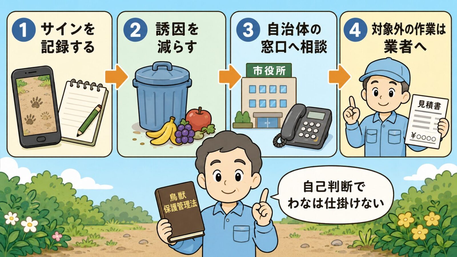 サインを見つけたあとの動き方を4段階で示した図解。スマートフォンとメモでサインを記録する、ごみや果実など誘因を減らす、市役所など自治体の窓口へ相談する、対象外の作業は業者へ見積もりを依頼する、の順に並べ、下部で守谷タクミが自己判断でわなは仕掛けないと注意するいらすとや風イラスト。
