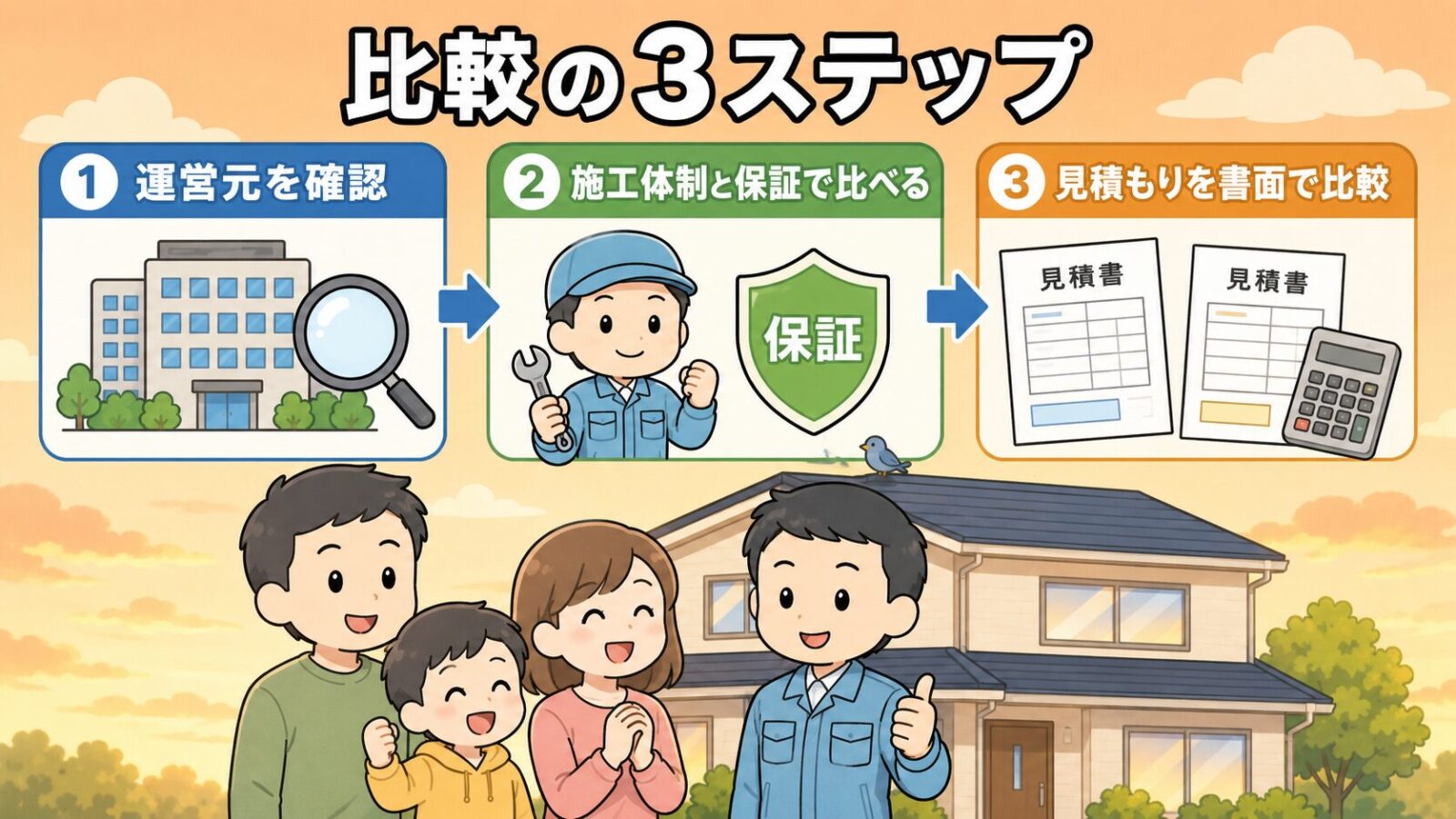 駆除ザウルスの評判まとめの図解。運営元を確認する・施工体制と保証で比べる・見積もりを書面で比較するの3ステップで納得して選べることを、安心した表情の家族と守谷タクミが示すいらすとや風イラスト。