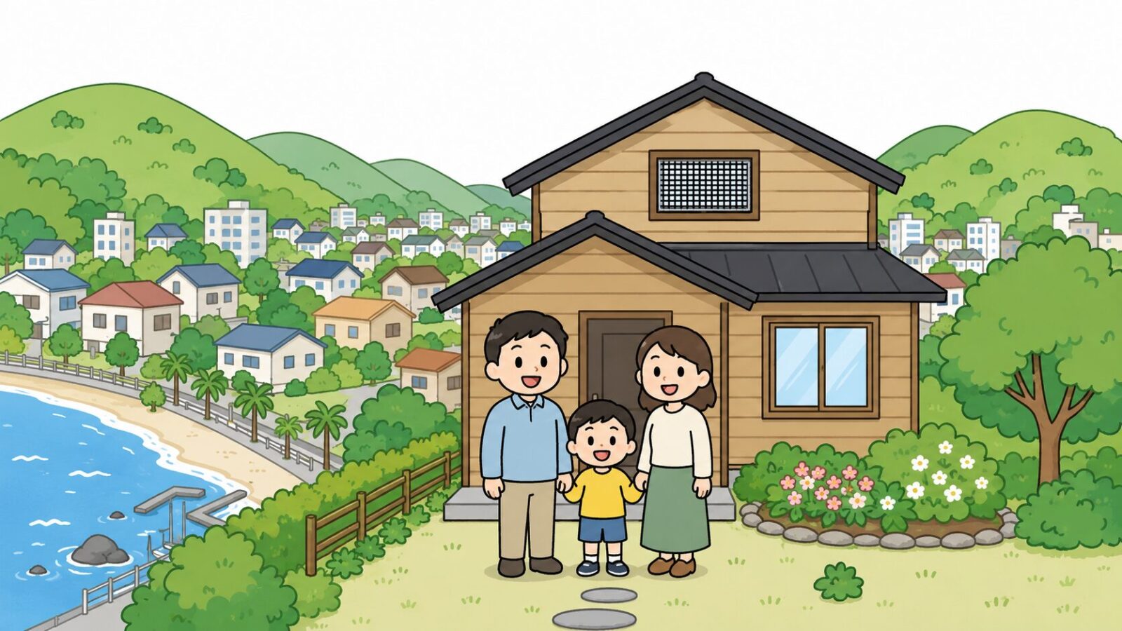 対策を終えた逗子市の谷戸の住宅の前で安心する家族と丘陵の緑を描いたいらすとや風イラスト