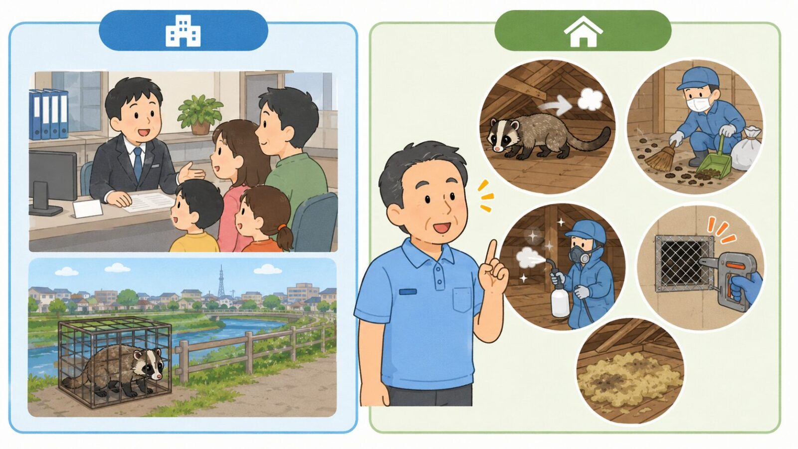 草加市の公式相談と民間業者の屋根裏清掃・消毒・封鎖作業の役割分担を比較したイラスト
