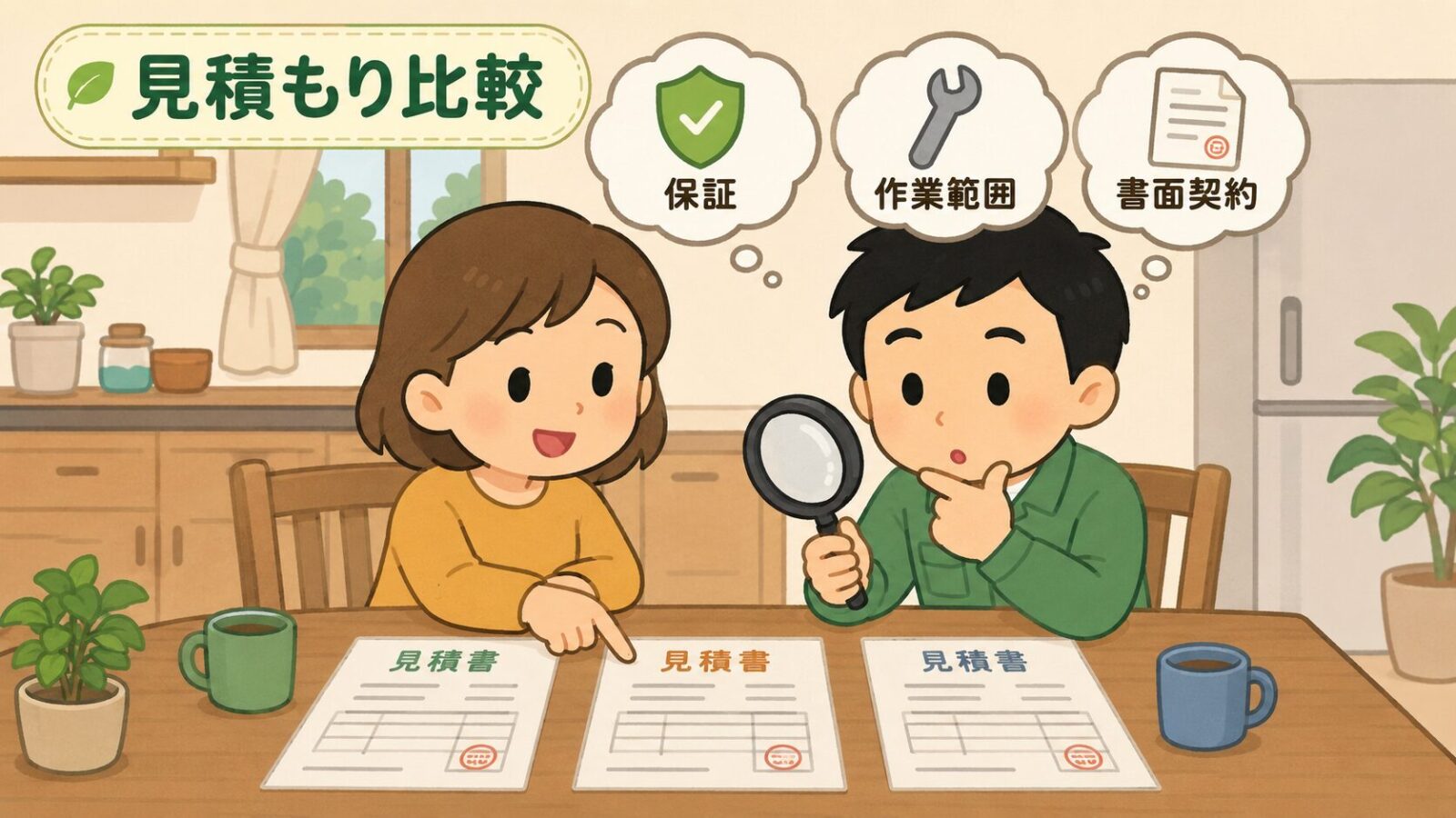 害獣駆除業者の見積書3枚を見比べる入間市の住民を描いたいらすとや風イラスト