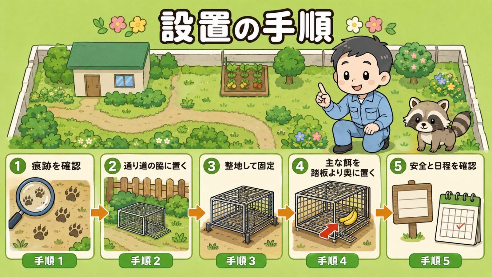 アライグマ捕獲器の設置場所と仕掛け方の図解。<br><br>痕跡から利用場所を確認し、柵や壁沿い・茂みの脇に置き、整地して固定し、主な餌を踏板より奥に置き、安全と運用日程を確認して稼働させる5つの手順を、庭の見取り図の上で守谷タクミが順に示すいらすとや風イラスト。