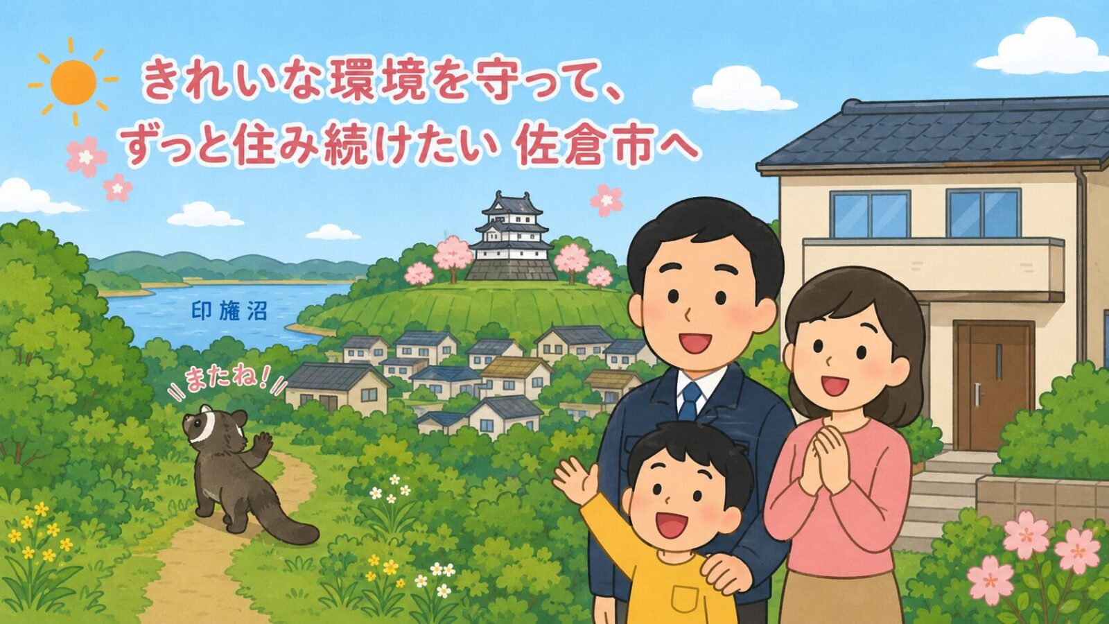 対策を終えた佐倉市の住宅前で安心する家族と印旛沼・城下町の緑を描いたいらすとや風イラスト