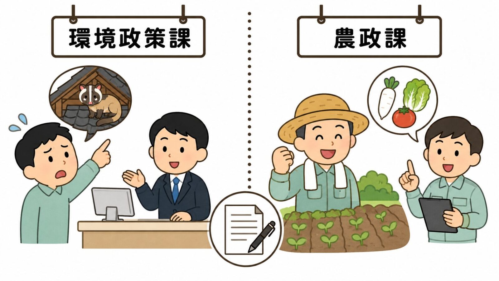 川越市の生活環境被害は環境政策課・農作物被害は農政課という二つの相談窓口と捕獲許可申請を案内するいらすとや風イラスト