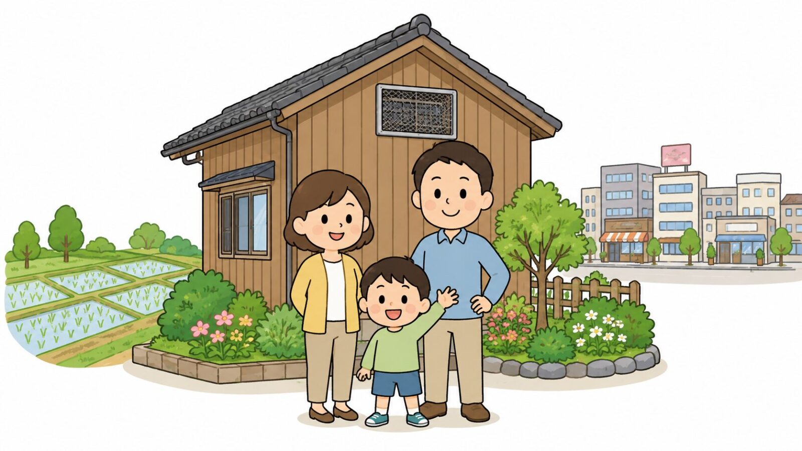 海老名市でハクビシン対策が完了した住宅と安心する家族のイラスト