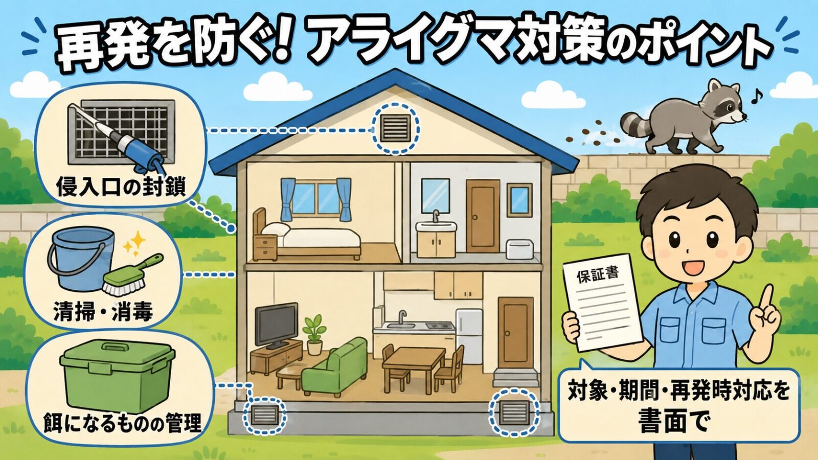 アライグマの再発を防ぐ対策を示す図解。家の断面図に侵入口の封鎖・清掃と消毒・餌になるものの管理の3つを線でつなぎ、保証書を手にした守谷タクミが対象と期間、再発時の対応を書面で確認するよう伝えるいらすとや風イラスト。