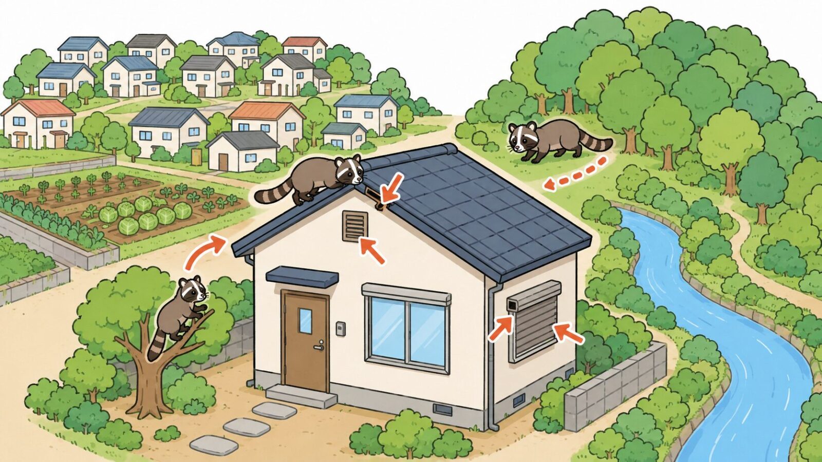 野火止台地の雑木林と黒目川・柳瀬川に挟まれた新座市の住宅地でハクビシンの侵入経路を示したいらすとや風イラスト