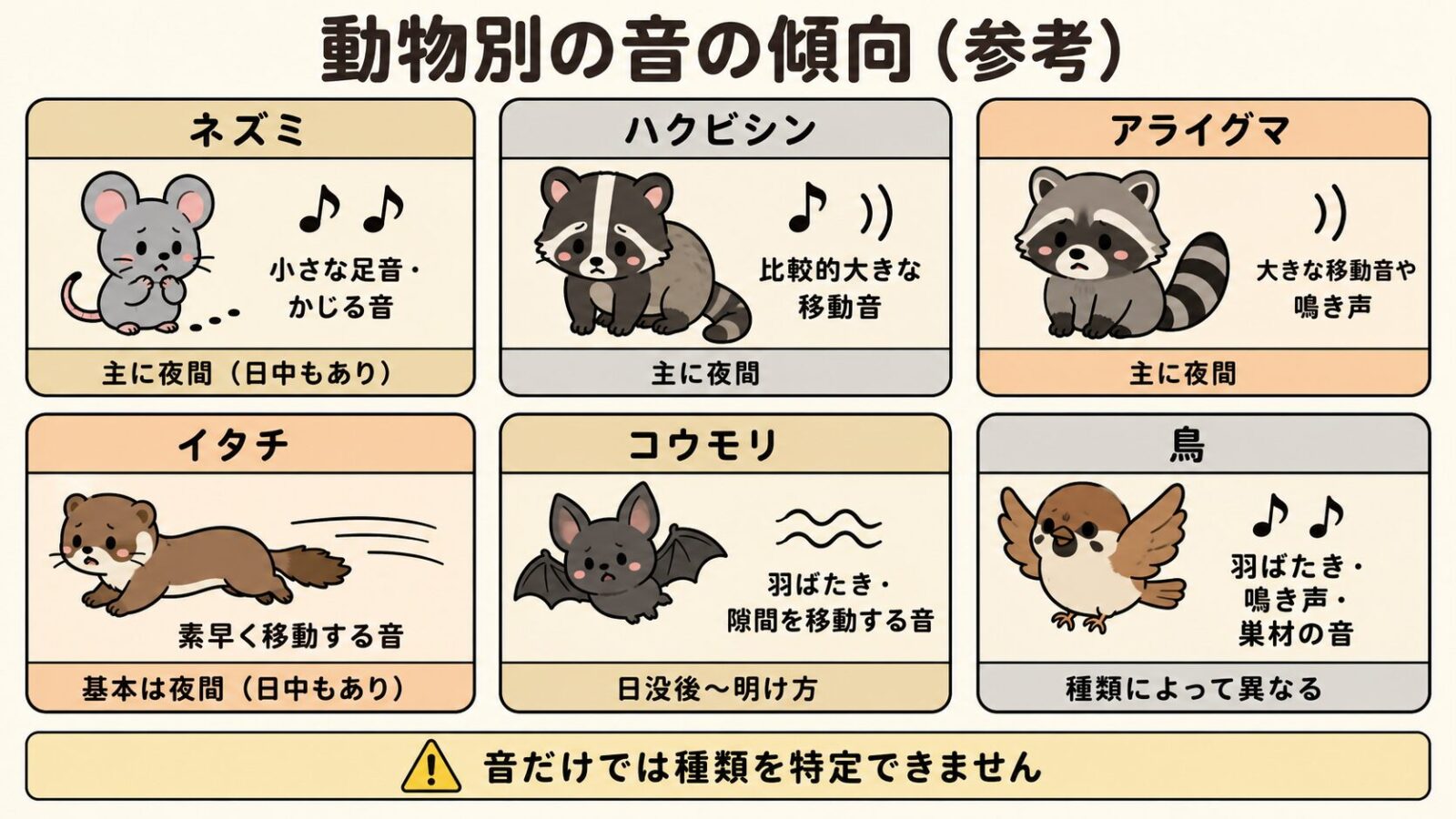 屋根裏で聞こえる音の傾向を動物別に並べた参考図。<br class=