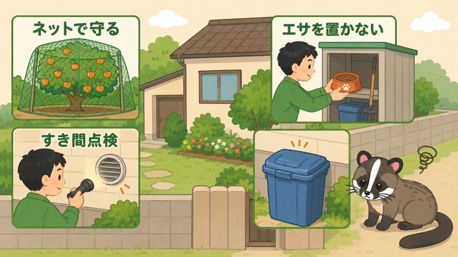 果樹の防除ネットや家屋の点検など入間市の住宅でできるハクビシン予防対策を描いたいらすとや風イラスト