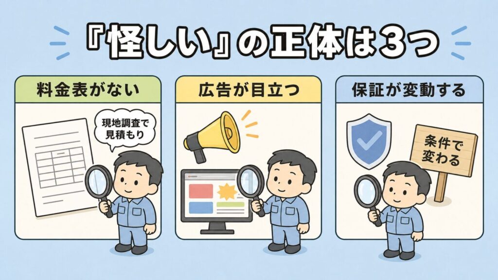 料金表がなく現地調査で見積もり、広告が目立つ、保証が条件で変わるという3枚のカードを、虫めがねを持った獣害対策アドバイザーが1枚ずつ確かめる図解。ハウスプロテクトが怪しいと言われる3つの理由を分解して示したいらすとや風イラスト