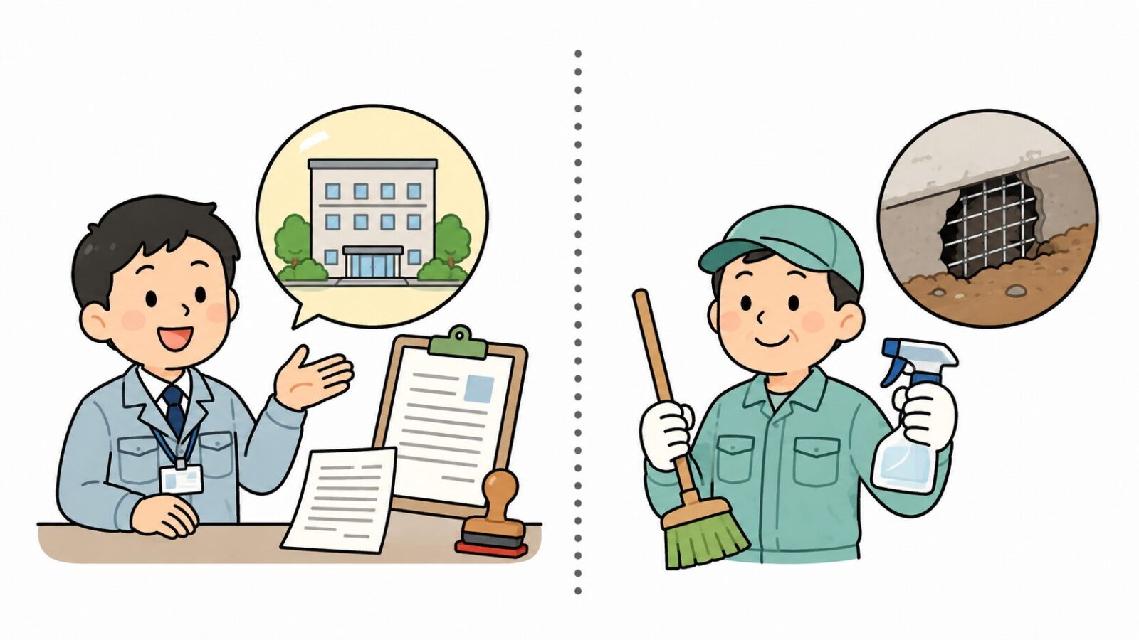 市の捕獲手続きだけでは足りない建物側の作業を業者に依頼する様子のイラスト