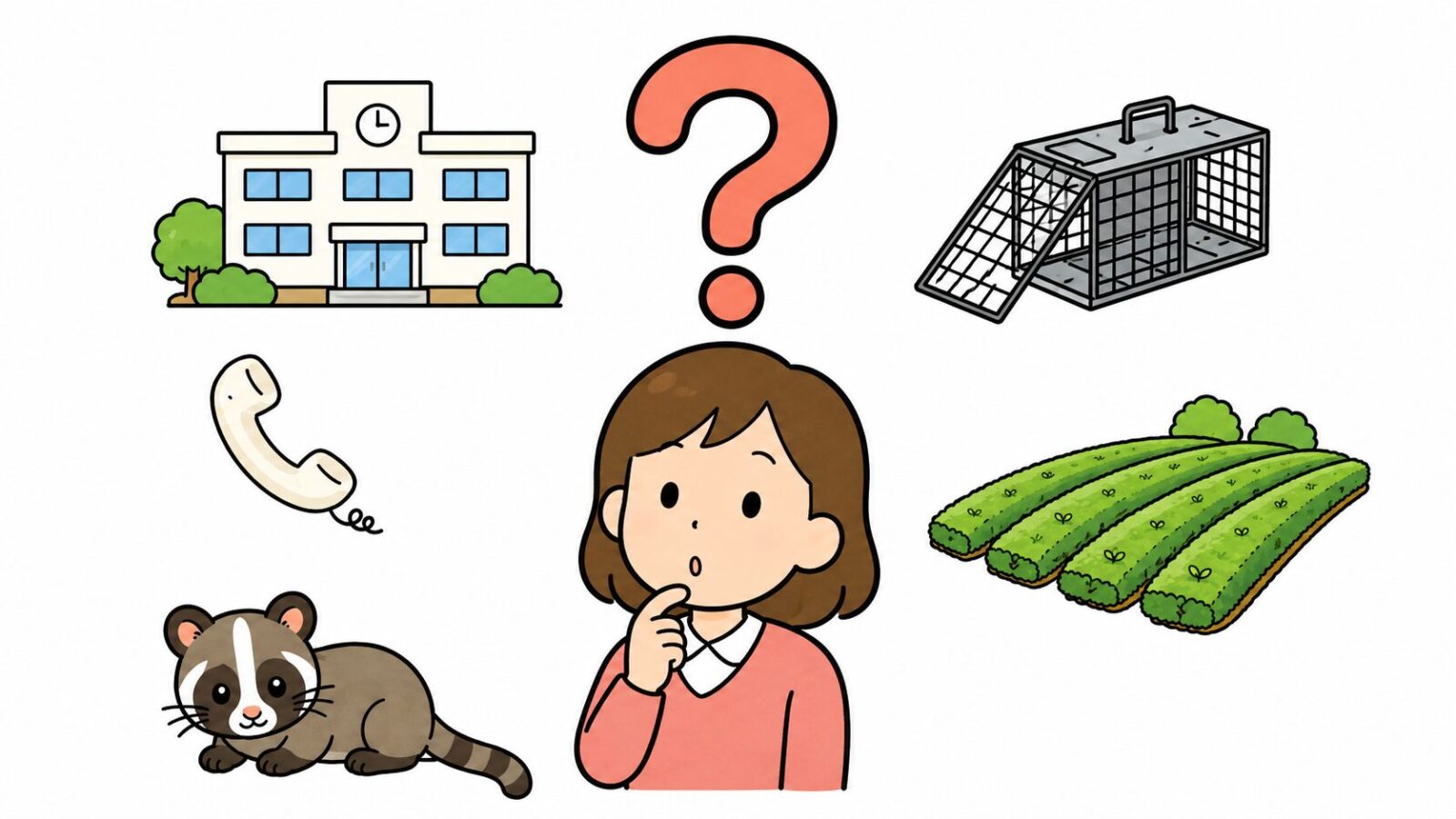 狭山市のハクビシン駆除に関するよくある質問をクエスチョンマークと市役所・茶畑のアイコンで表したいらすとや風イラスト