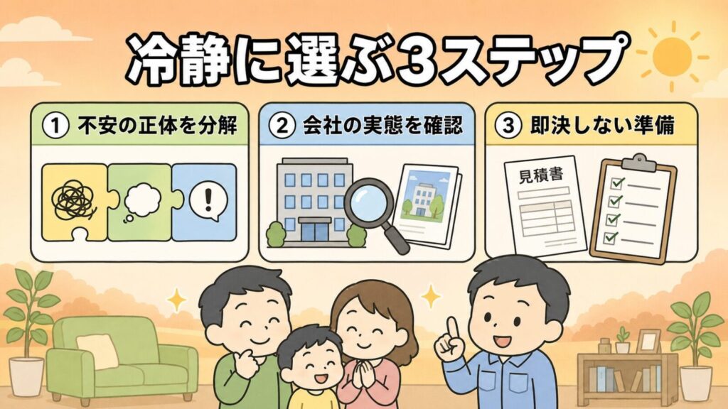 不安の正体を分解・会社の実態を確認・即決しない準備の3つのステップカードの下で、もやもやが晴れて安心した表情の家族と獣害対策アドバイザーが並ぶ明るい情景。冷静に選ぶ3ステップのまとめを表すいらすとや風イラスト