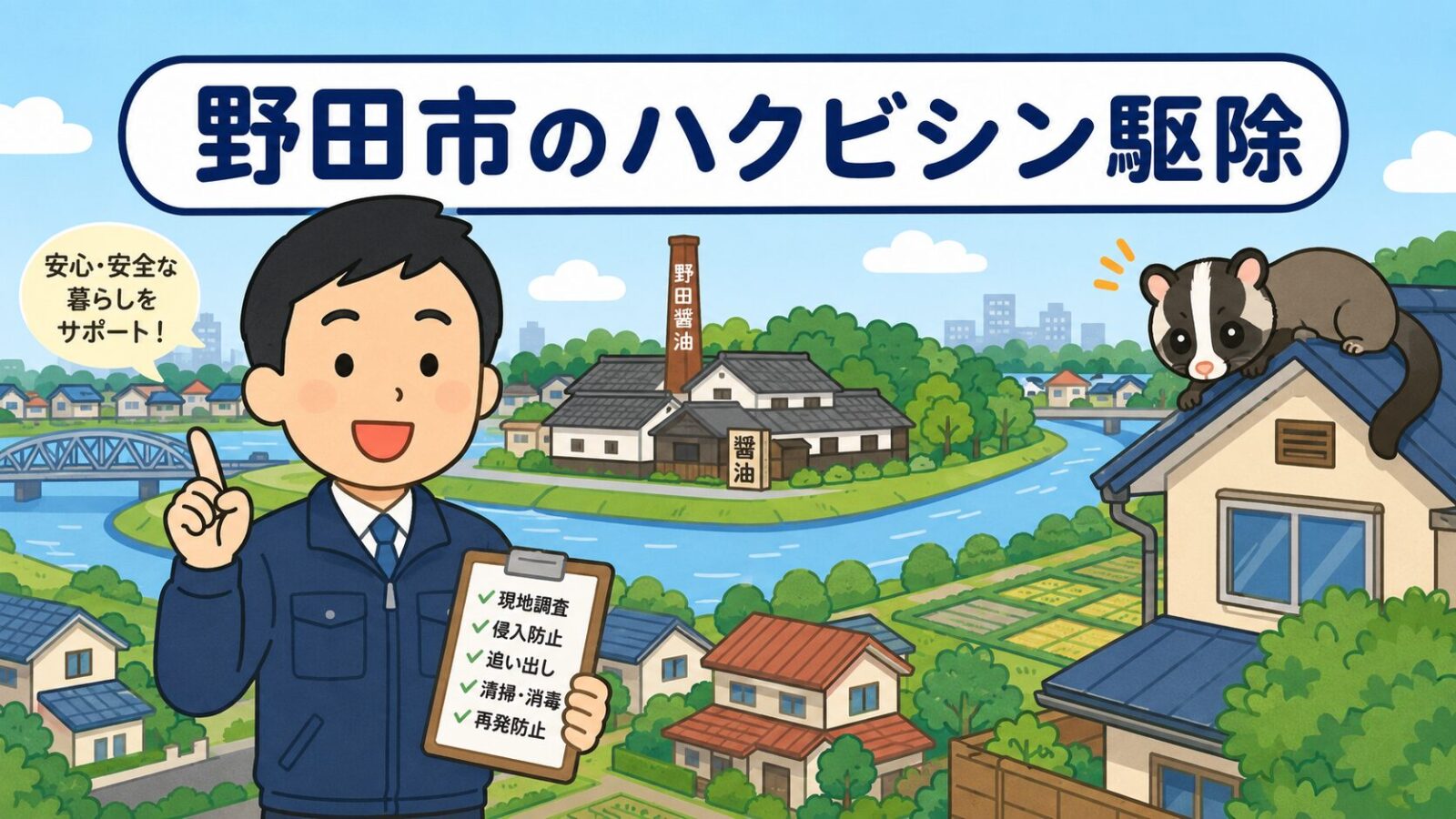 江戸川と利根川に囲まれた醤油の街・野田市の街並みを背景に、屋根からのぞくハクビシンと案内する守谷タクミを描いたいらすとや風イラスト
