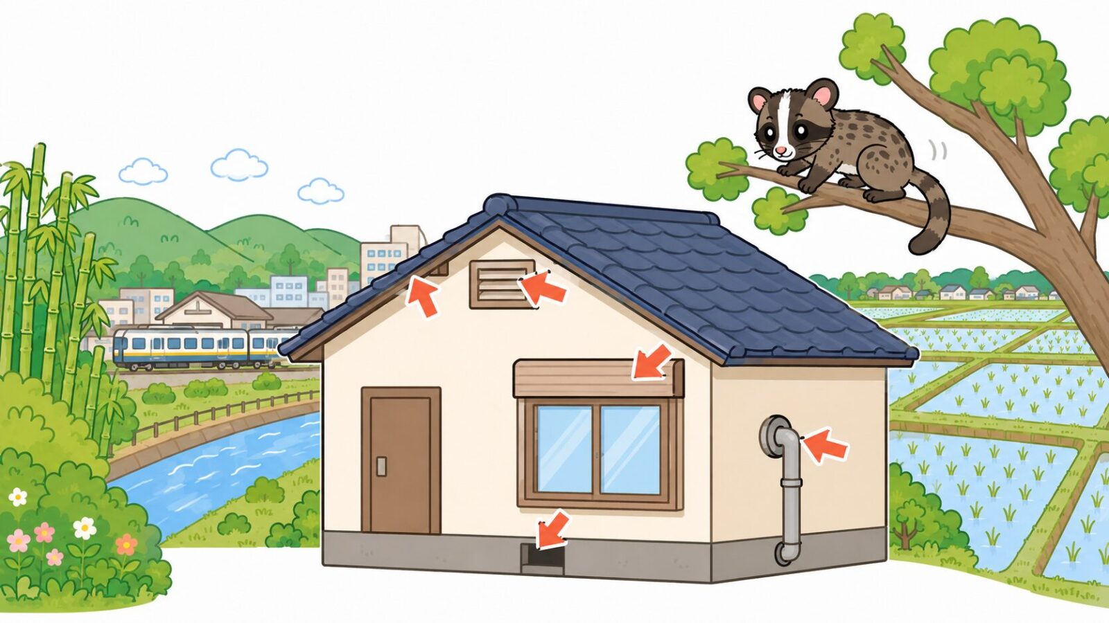 一宮川沿いの市街地と西部の丘陵・田園を背景に、茂原市の住宅の屋根まわりの侵入ポイントを図解したいらすとや風イラスト