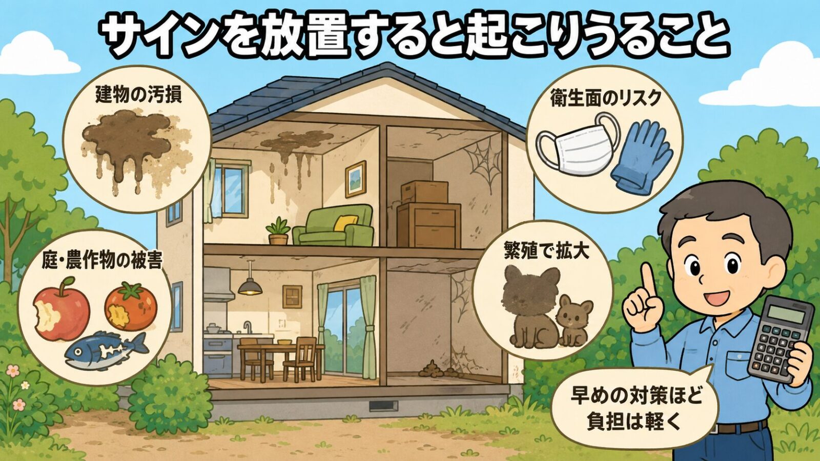 サインを放置した場合に起こりうることを示した住宅の断面図。天井のシミなど建物の汚損、庭や農作物の被害、マスクと手袋で示した衛生面のリスク、繁殖による被害の拡大を四隅に配置し、右側で守谷タクミが早めの対策ほど負担は軽くと伝えるいらすとや風イラスト。