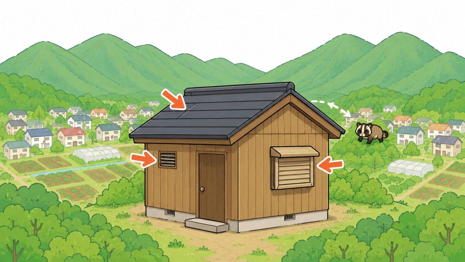 三方を丹沢の山に囲まれ南を渋沢丘陵に接する秦野盆地の住宅でハクビシンの侵入経路を示したいらすとや風イラスト
