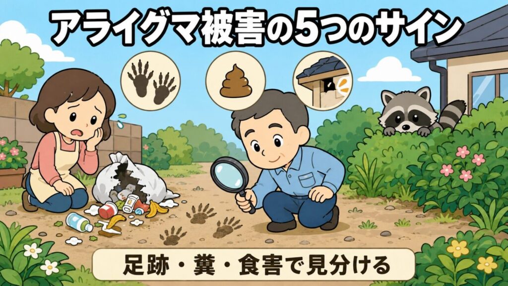 アライグマ被害の5つのサインを解説する記事のメインアイキャッチ。荒らされたゴミ袋の前で困り顔の女性がしゃがみ、その隣で作業着姿の守谷タクミが虫めがねを持って地面の手形のような足跡を調べ、上部に足跡・糞・侵入口のアイコンを並べ、右の茂みからしま模様の尻尾のアライグマが顔を出すいらすとや風イラスト。