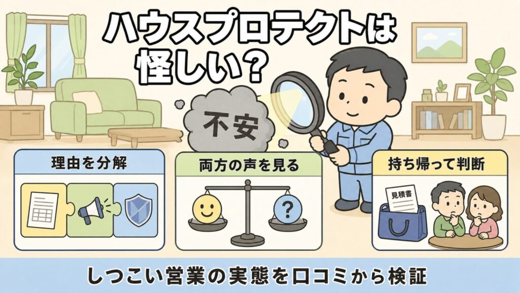 リビングで作業着姿の獣害対策アドバイザーが虫めがねで「不安」と書かれた雲の中身を確かめ、理由を分解・両方の声を見る・持ち帰って判断の3つのパネルを並べた、ハウスプロテクトは怪しい？しつこい営業の実態を口コミから検証する記事のメインアイキャッチのいらすとや風イラスト