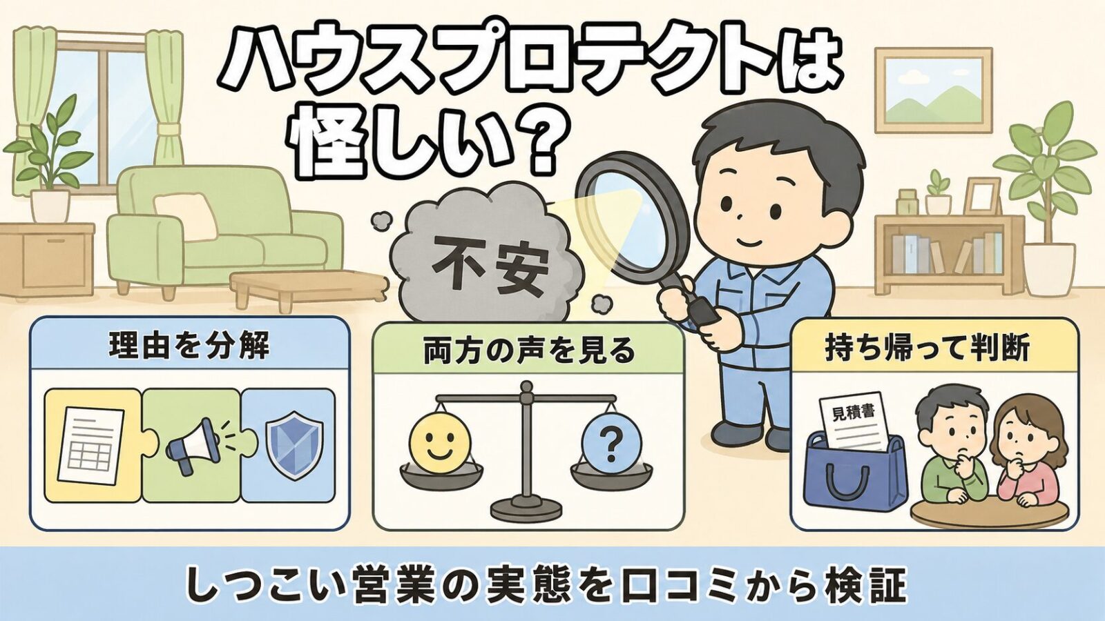 リビングで作業着姿の獣害対策アドバイザーが虫めがねで「不安」と書かれた雲の中身を確かめ、理由を分解・両方の声を見る・持ち帰って判断の3つのパネルを並べた、ハウスプロテクトは怪しい?しつこい営業の実態を口コミから検証する記事のメインアイキャッチのいらすとや風イラスト