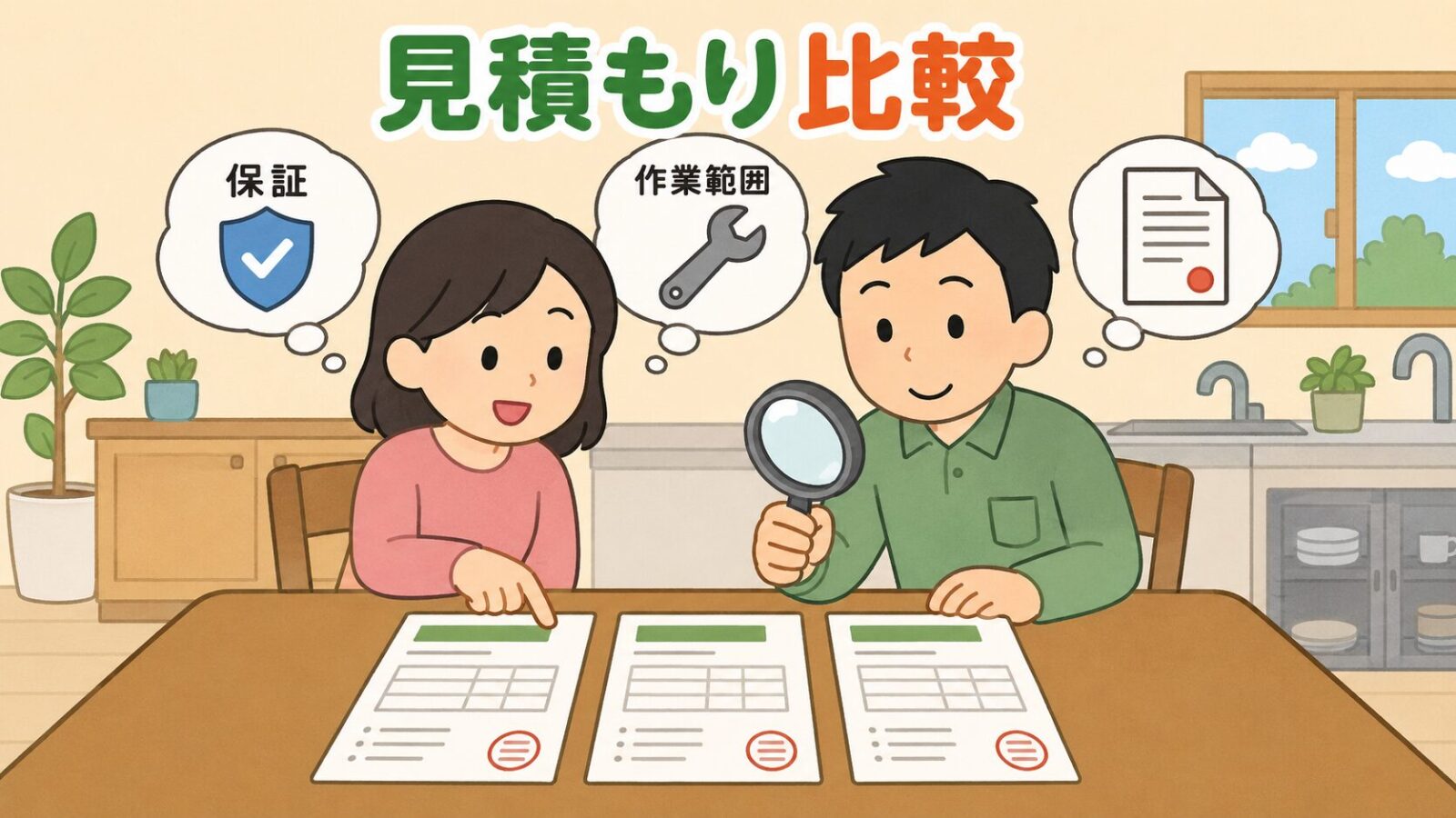 害獣駆除業者の見積書3枚を見比べる習志野市の住民を描いたいらすとや風イラスト