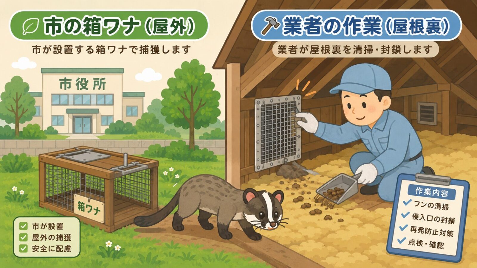 入間市の箱ワナが使える屋外と民間業者に依頼する屋根裏作業の役割分担を比較したいらすとや風イラスト