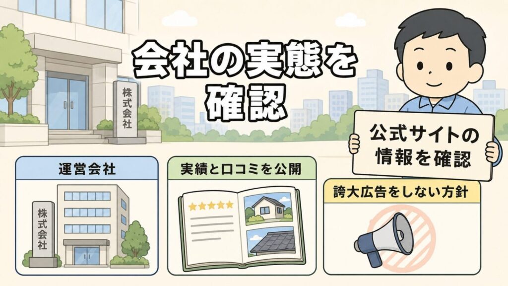 株式会社の看板があるオフィスビルの前で、運営会社・実績と口コミを公開・誇大広告をしない方針の3つの情報カードを並べ、獣害対策アドバイザーが公式サイトの情報を確認と書かれた札を持つ、ハウスプロテクトの運営会社の実態確認を表すいらすとや風イラスト