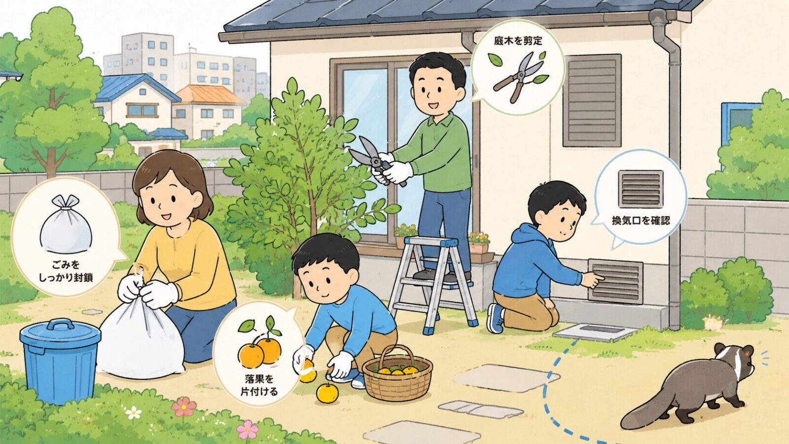 市川市の戸建てで生ごみ管理・庭木剪定・侵入口点検などハクビシン予防を行う家族を描いたいらすとや風イラスト