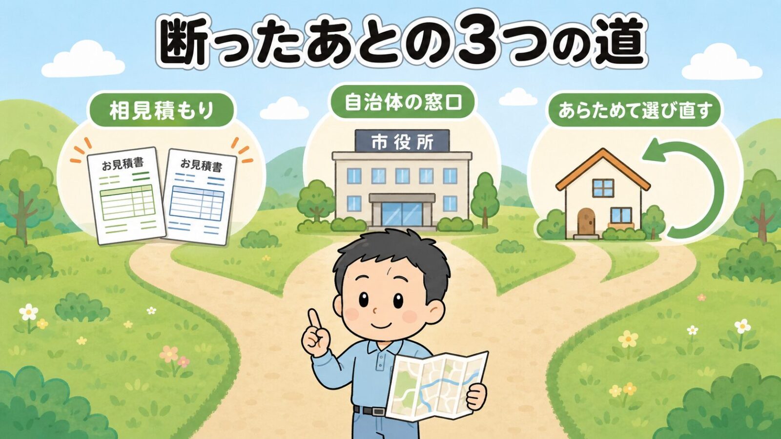 断ったあとの選択肢の図解。他社と相見積もりで比較する、自治体の窓口や制度を確認する、比較の結果あらためて選び直すという3つの道の分かれ道を、地図を持った守谷タクミが案内するいらすとや風イラスト。