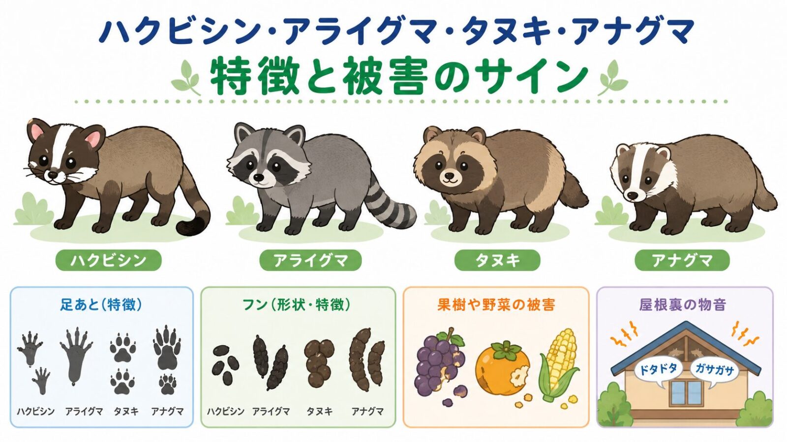 ハクビシン・アライグマ・タヌキ・アナグマの外見と、船橋市で相談時に伝えたい糞・足音などの被害サインを比較したいらすとや風イラスト