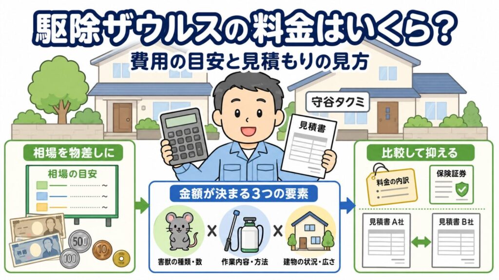 駆除ザウルスの料金はいくら？のメインアイキャッチ。相場を物差しに・金額が決まる3つの要素・比較して抑えるの3ブロックを、電卓と見積書を持った守谷タクミが案内するいらすとや風イラスト。