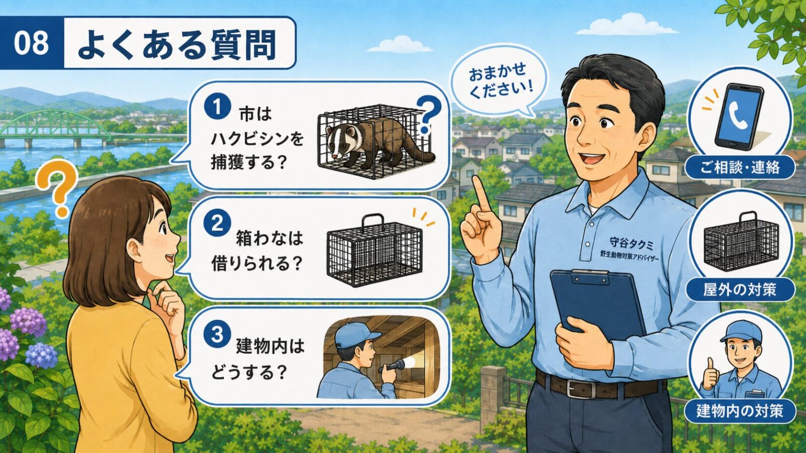 流山市のハクビシン駆除に関するよくある質問を市役所と住宅のアイコンで表したイラスト