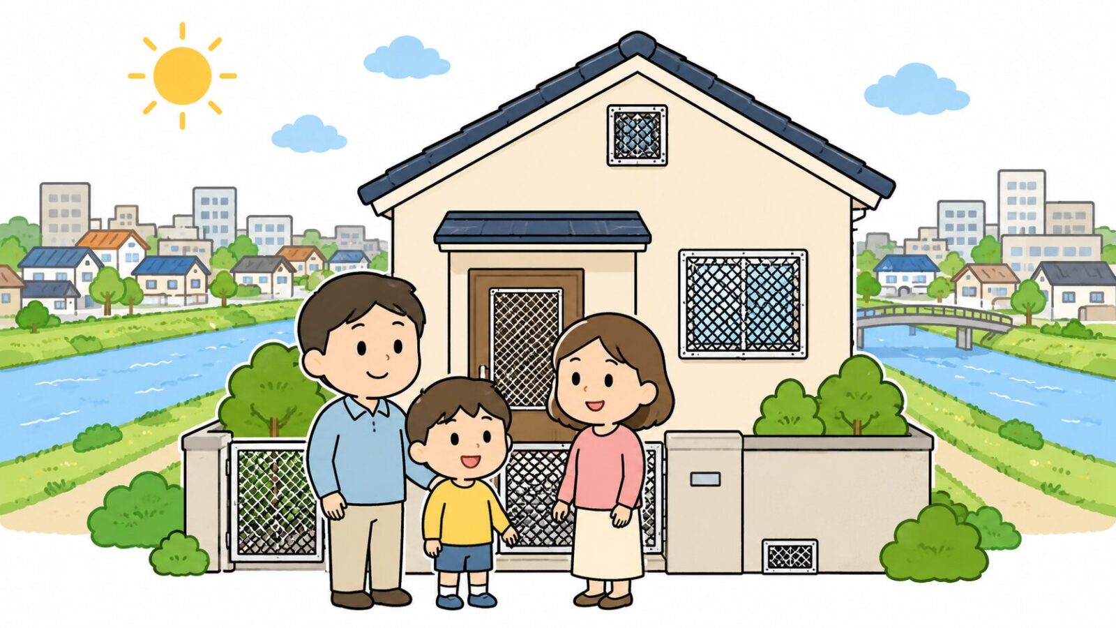 対策を終えた越谷市の住宅の前で安心する家族と川沿いの緑を描いたいらすとや風イラスト