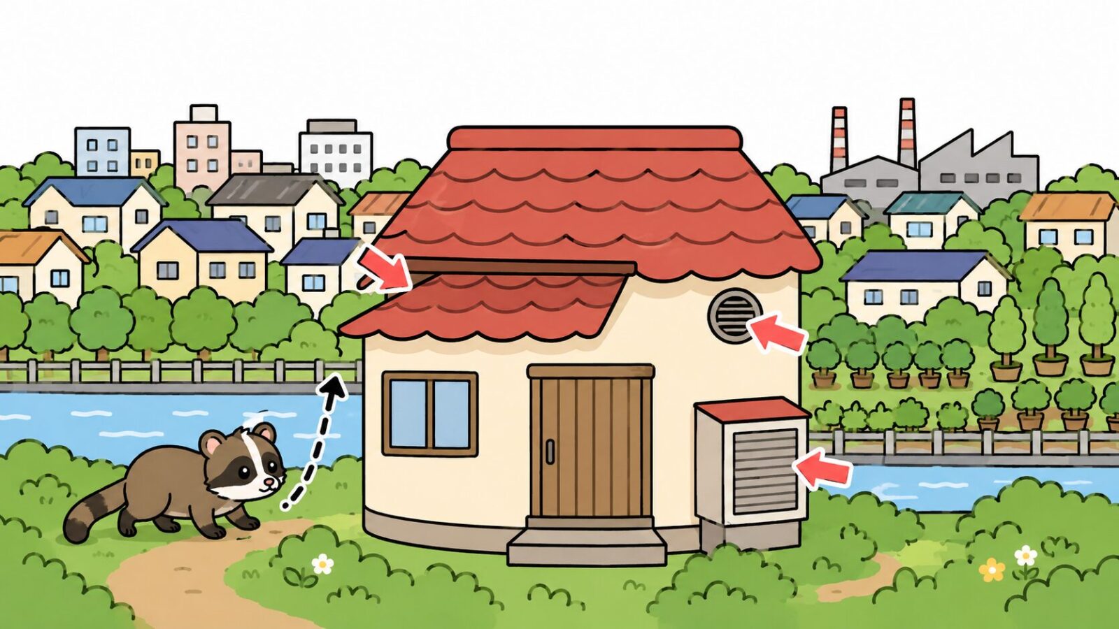荒川と芝川に囲まれた低地に住宅密集地が広がる川口市でハクビシンの侵入経路を示したいらすとや風イラスト