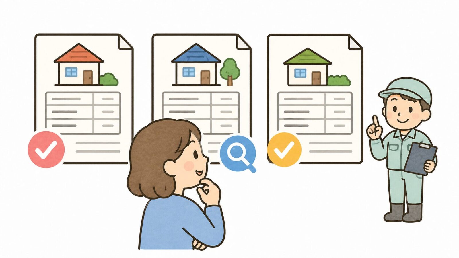 害獣駆除業者の見積もりを比較する住民のイラスト