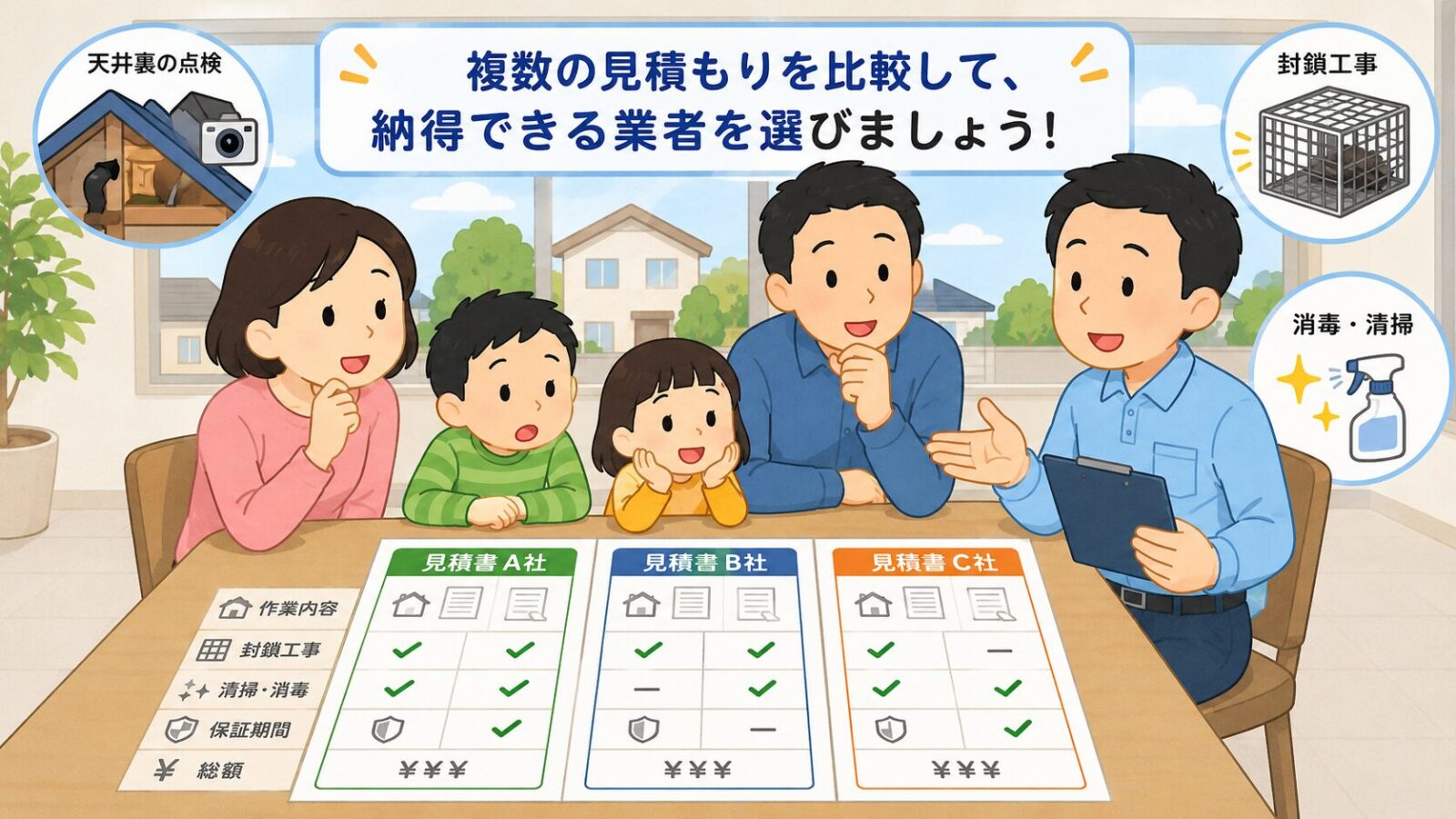 船橋市の住宅でハクビシン駆除業者の見積書を3社比較し、封鎖・清掃・保証の項目を確認している住民と専門家を描いたいらすとや風イラスト