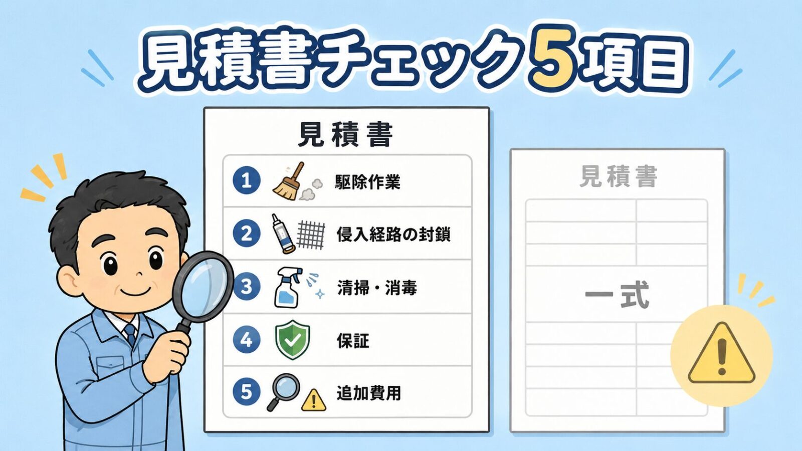 ハウスプロテクトの見積書の見方の図解。駆除作業・侵入経路の封鎖・清掃消毒・保証・追加費用の5項目を虫めがねで確認する守谷タクミと、一式表記だけの見積書に注意マークがついたいらすとや風イラスト。