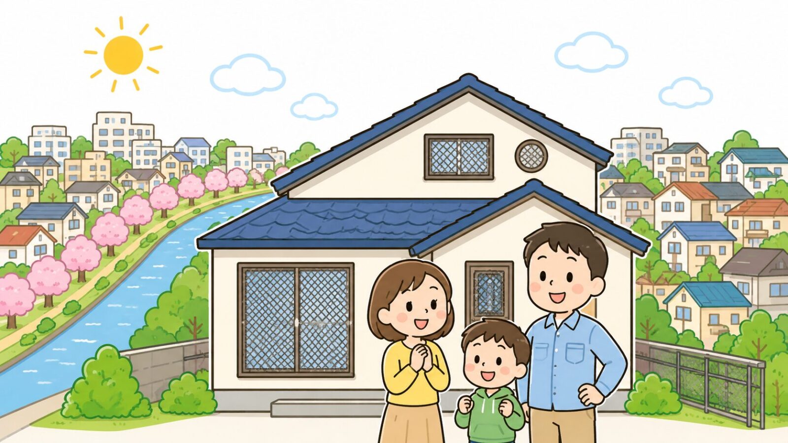 対策を終えた朝霞市の住宅の前で安心する家族と黒目川沿いの緑を描いたいらすとや風イラスト