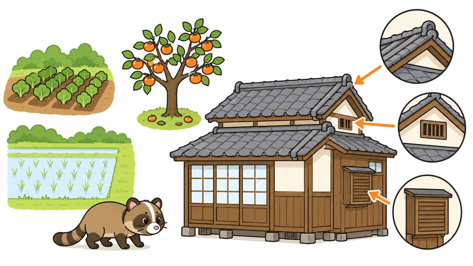平塚市の農地と住宅地が混在するエリアで注意したい侵入経路を示す図解