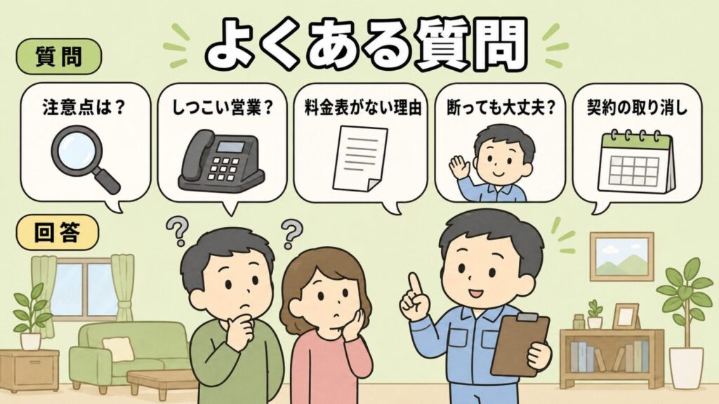 注意点・しつこい営業・料金表がない理由・断っても大丈夫か・契約の取り消しという5つの吹き出しを並べ、はてなマークを浮かべた夫婦に獣害対策アドバイザーが答える、ハウスプロテクトに関するよくある質問を表すいらすとや風イラスト