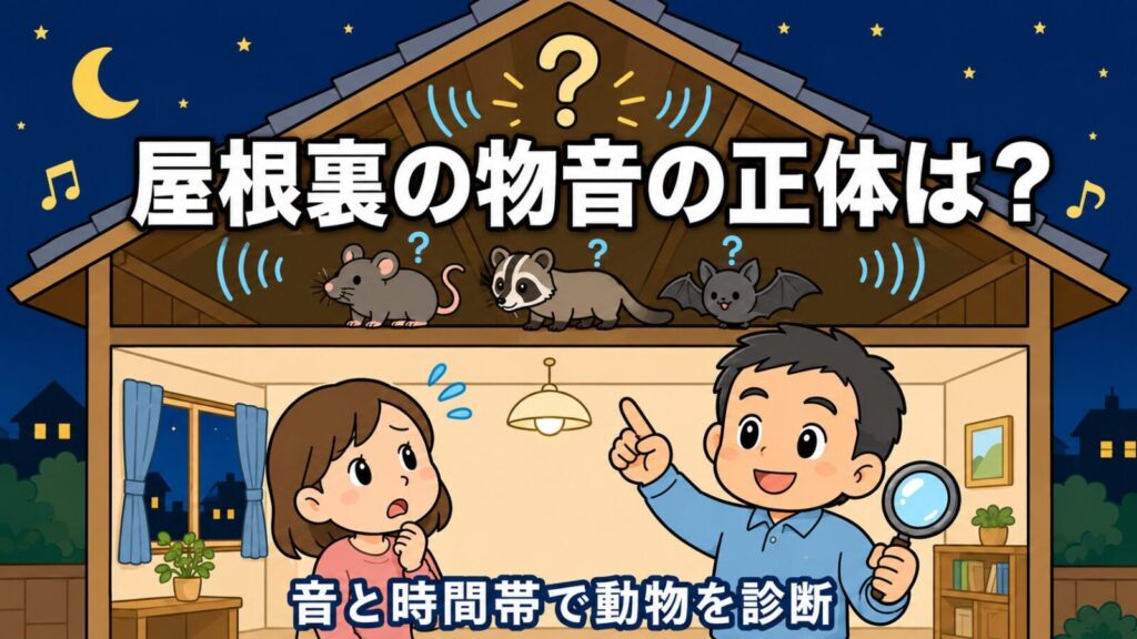 屋根裏の物音の正体を診断する記事のメインアイキャッチ。夜の住宅の断面図で、屋根裏にネズミ・ハクビシン・コウモリのイラストと疑問符が浮かび、1階では天井を見上げて困る女性の隣で作業着姿の守谷タクミが虫めがねを持って屋根裏を指し示している、いらすとや風のイラスト。