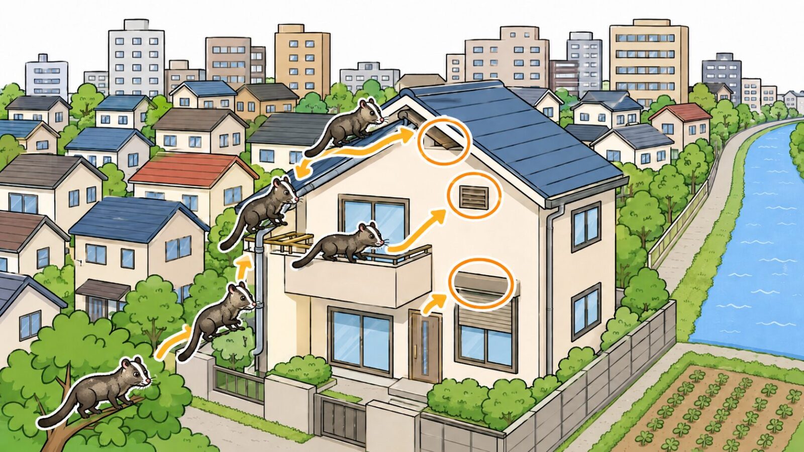 東京都と隣接するコンパクトで住宅が密集した和光市でハクビシンの侵入経路を示したいらすとや風イラスト