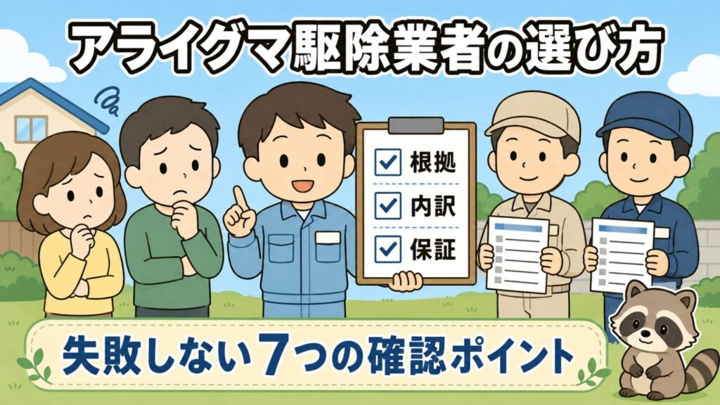 アライグマ駆除業者の選び方を解説する記事のメインアイキャッチ。困り顔の夫婦の前で、作業着姿の守谷タクミが根拠・内訳・保証の3項目にチェックが入ったボードを掲げ、その右側で2人の業者がそれぞれ見積書を持って並び、隅にしま模様の尻尾のアライグマが顔を出すいらすとや風イラスト。
